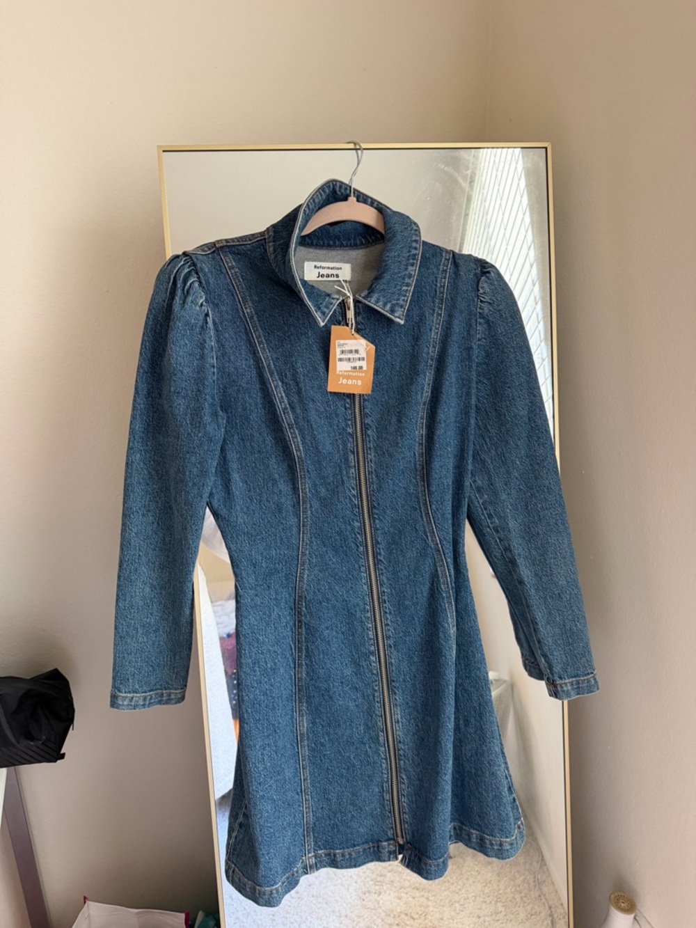 Reformation Dark Blue Denim Zip-Front Jacket Dress
